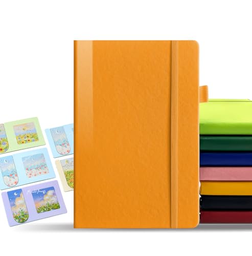 DynamiX Luxuriöses A5 Notizbuch, 4 Gratis Magnetischen Lesezeichen,Veganleder-Hardcover,100 g/m² Papier, Stifthalter, Gummiband. Ideal für Kreativität und tägliche Notizen. Orange. von DynamiX