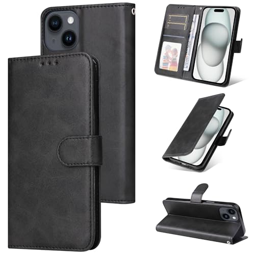 E-Lush Handyhülle für iPhone 15 Hülle Leder, Premium Schutzhülle iPhone 15 Standfunktion Kartenfach Klapphülle 360 Stoßfeste RFID-Blockierung Wallet Flip Case, Schwarz von E-Lush