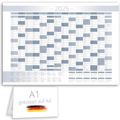 XXL Jahreskalender 2025 + Januar 2026 Jahresplaner in A1 im schlichtem blau weißen Design mit Ferien und Feiertagen Wandkalender Wandplaner Kalender Planer gefaltet gefalzt von E&G Klasse