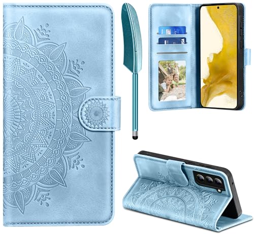 EASDNB Lederhülle für Samsung Galaxy S22 5G Hülle, Handyhülle für Galaxy S22 Flip Wallet PU Leder Case [Kartenfach] [Magnet] [Standfunktion] Prägung Klapphülle Schutzhülle für Samsung S22, Himmelblau von EASDNB