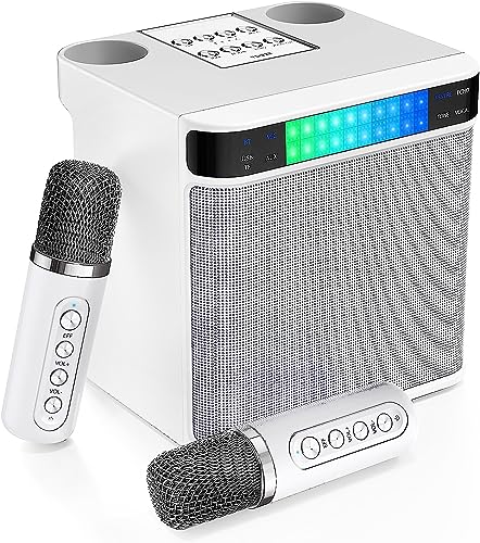 Karaoke Anlage mit 2 Mikrofonen, Bluetooth Karaoke Maschine Lautsprecher Tragbares PA Anlage mit Colorful Light/USB/TF-Karte/AUX-In,für Heimparty,Hochzeit,Kirche,Picknick,Outdoor (weiß) von EASJOY
