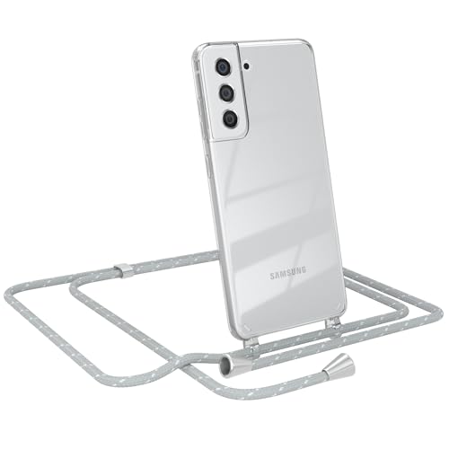 EAZY CASE - Handy Chain - kompatibel mit Samsung Galaxy S21 FE 5G, Handykette Tasche transparent, Stoßfeste Soft TPU, Stylische Kette mit Hülle für Smartphone, Grau/Weiß mit Verschlüssen in Silber von EAZY CASE