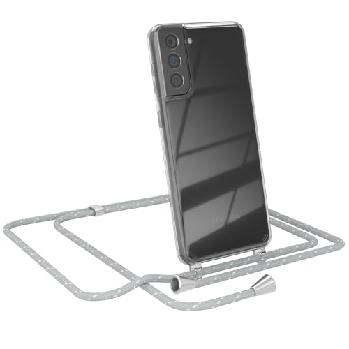 EAZY CASE - Handy Chain - kompatibel mit Samsung Galaxy S21 Plus 5G, Handykette Tasche transparent, Silikon TPU, Stylische Kette mit Hülle für Smartphone, Grau/Weiß mit Verschlüssen in Silber von EAZY CASE