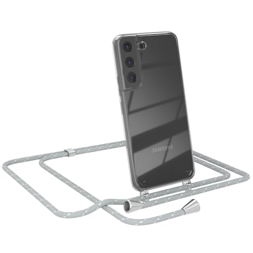 EAZY CASE - Handy Chain - kompatibel mit Samsung Galaxy S22 5G, Handykette Tasche transparent, Stoßfeste Soft Silikon TPU, Stylische Kette mit Hülle, Grau/Weiß mit Verschlüssen in Silber von EAZY CASE