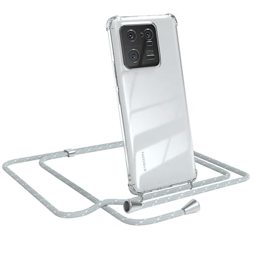 EAZY CASE - Handy Chain - kompatibel mit Xiaomi 13 Pro, Handykette Tasche transparent, Stoßfeste Soft Silikon TPU, Stylische Kette mit Hülle für Smartphone, Grau/Weiß mit Verschlüssen in Silber von EAZY CASE