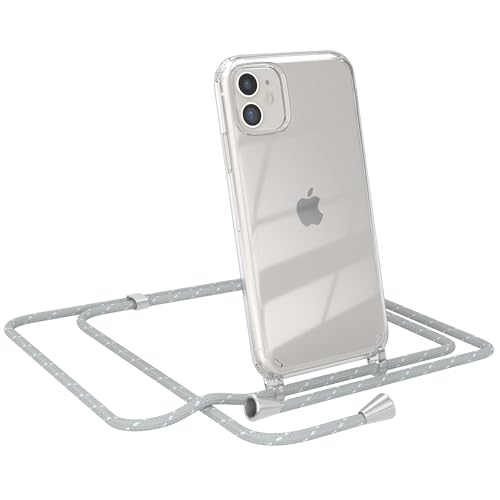 EAZY CASE - Handy Chain - kompatibel mit iPhone 11, Handykette Tasche transparent, Stoßfeste Soft Silikon TPU, Stylische Kette mit Hülle für Smartphone, Grau/Weiß mit Verschlüssen in Silber von EAZY CASE