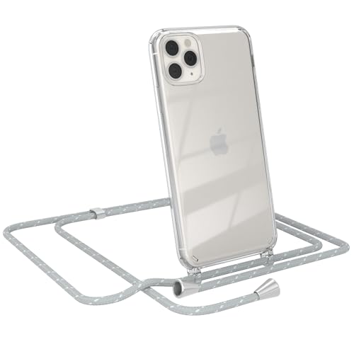 EAZY CASE - Handy Chain - kompatibel mit iPhone 11 Pro Max, Handykette Tasche transparent, Stoßfeste Soft Silikon TPU, Stylische Kette mit Hülle für Smartphone, Grau/Weiß mit Verschlüssen in Silber von EAZY CASE