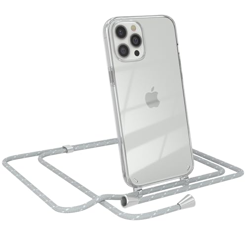 EAZY CASE - Handy Chain - kompatibel mit iPhone 12 Pro Max, Handykette Tasche transparent, Stoßfeste Soft Silikon TPU, Stylische Kette mit Hülle für Smartphone, Grau/Weiß mit Verschlüssen in Silber von EAZY CASE