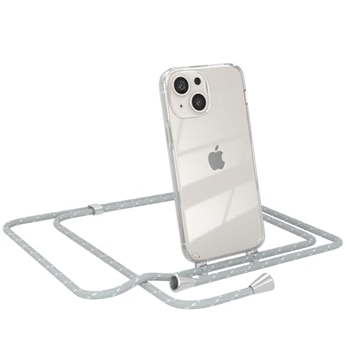 EAZY CASE - Handy Chain - kompatibel mit iPhone 13 Mini, Handykette Tasche transparent, Stoßfeste Soft Silikon TPU, Stylische Kette mit Hülle für Smartphone, Grau/Weiß mit Verschlüssen in Silber von EAZY CASE