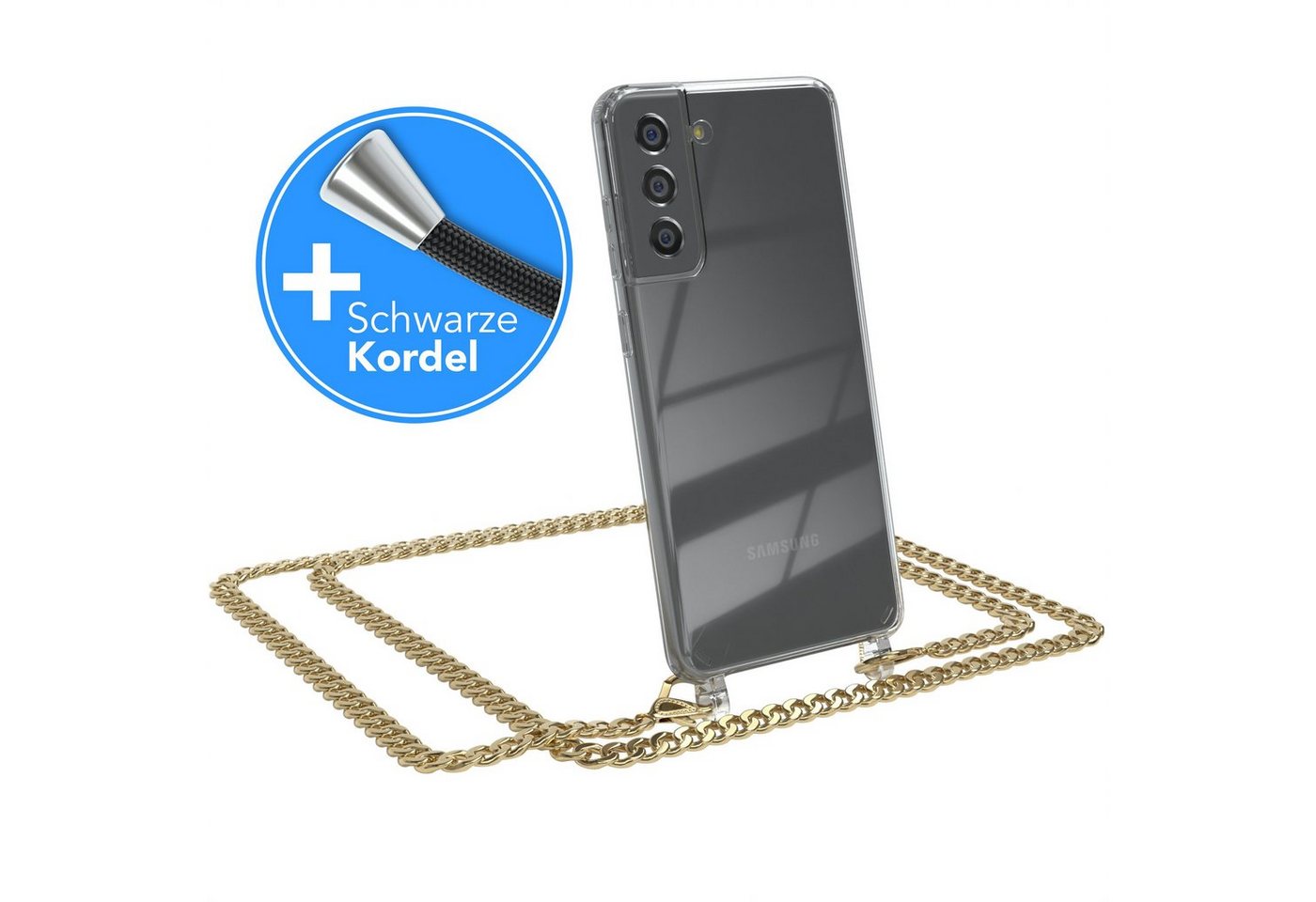 EAZY CASE Handykette 2in1 Metallkette für Samsung Galaxy S21 FE 5G 6,41 Zoll, Hülle mit Band Silikonhülle durchsichtig Necklace Cover Slimcover Gold von Eazy Case