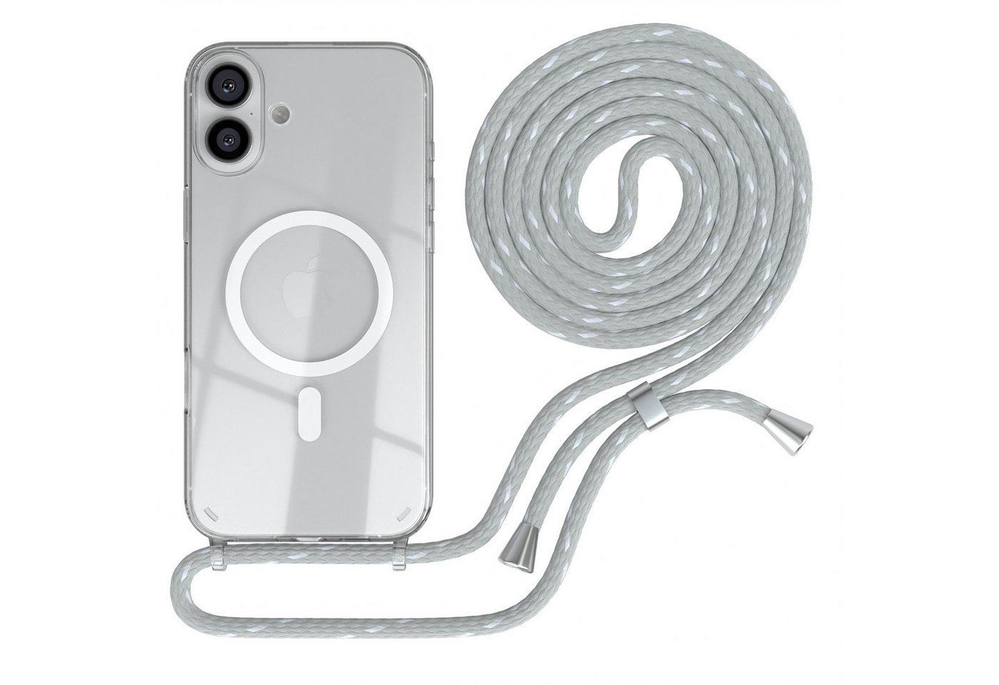 EAZY CASE Handykette Handykette mit Magsafe für Apple iPhone 16 Plus 6,7 Zoll, Magsafe Handykette Hülle mit Band Slimcover TPU Schutzhülle Weiß Grau von EAZY CASE