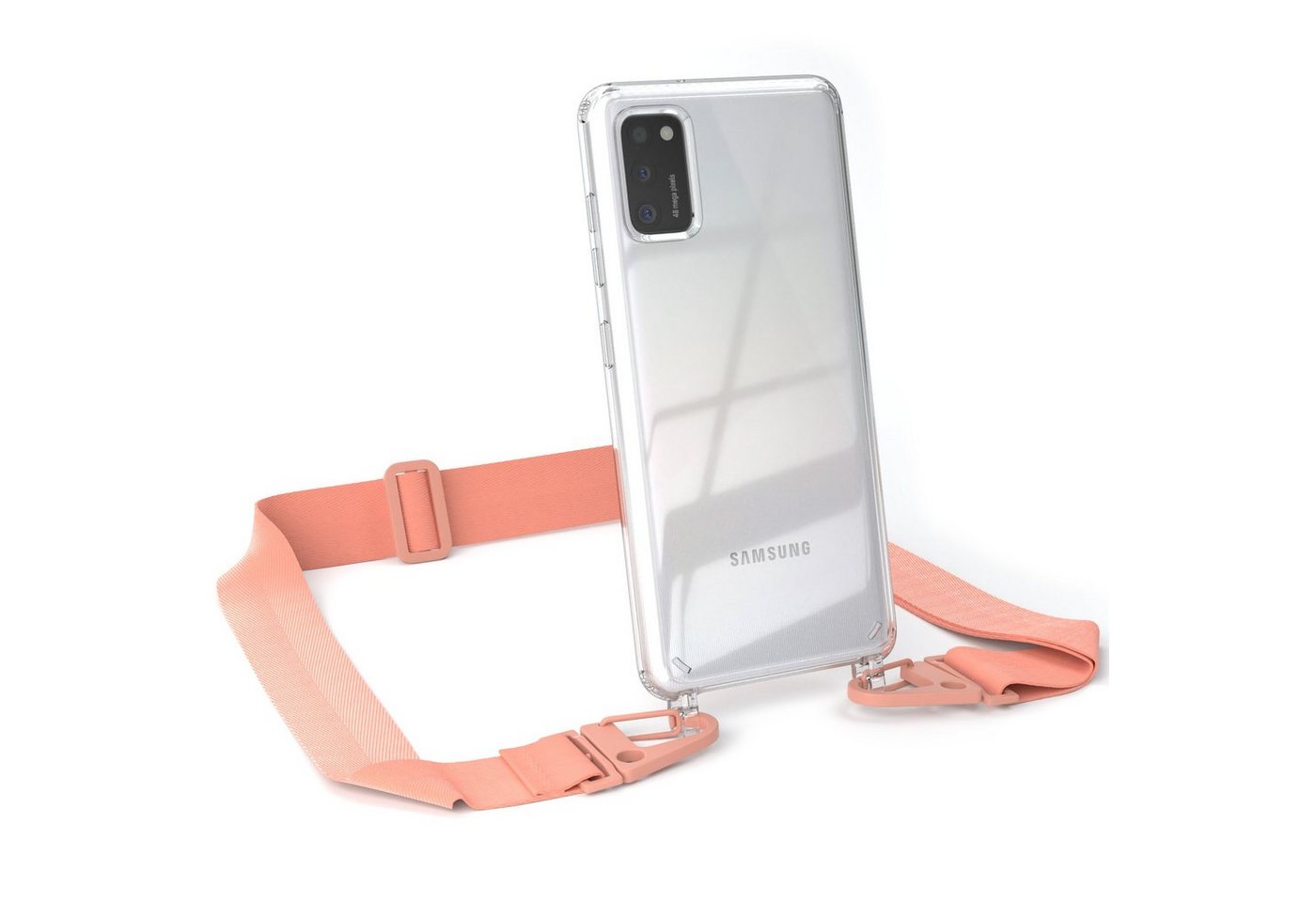 EAZY CASE Handykette Silikon Kette Karabiner für Samsung Galaxy A41 6,1 Zoll, Silicon Handyhülle mit breiter Kette Carabiner Necklace Altrosa Coral von EAZY CASE