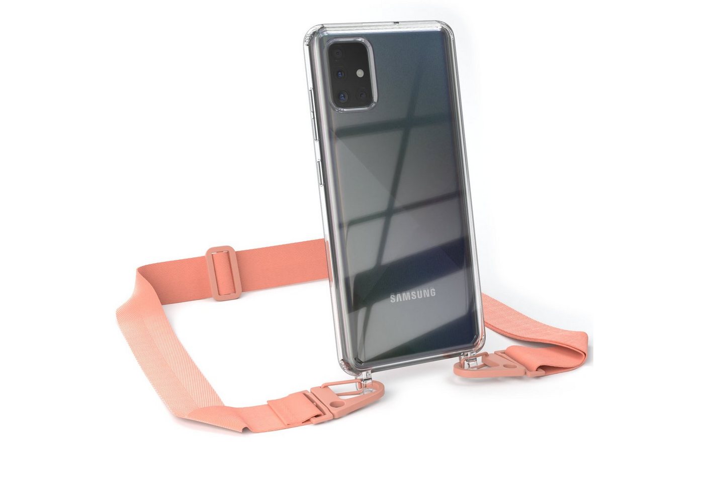 EAZY CASE Handykette Silikon Kette Karabiner für Samsung Galaxy A51 6,5 Zoll, Silicon Handyhülle mit breiter Kette Carabiner Necklace Altrosa Coral von EAZY CASE