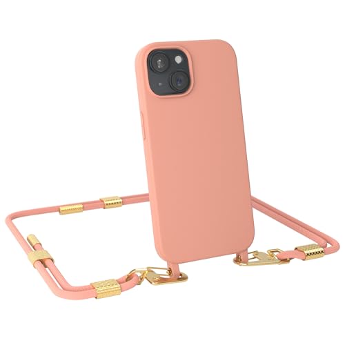 EAZY CASE - Handykette mit Karabiner kompatibel mit iPhone 15 - Hülle Silikon Fallschutz Handyhülle für iPhone 15 Kette zum Umhängen stoßfeste Schutzhülle mit Mikrofaser in Korall - Clips Gold von EAZY CASE