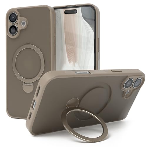 EAZY CASE - Qi Charging Handyhülle für iPhone 16 Plus Hülle mit Ständer Matte Schutzhülle mit Ultra Aufprallschutz Stoßfest und Kratzfest Hülle mit 360° Ring zum Aufstellen Cover - Braun von EAZY CASE