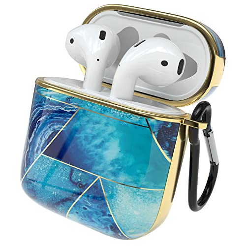 EAZY CASE - Schutzhülle für AirPods 1 & 2 Hülle Blau Hard Case Stoßfest mit Karabiner geeignet als Schlüsselanhänger Antikratz Etui rutschfest Hardcase für Airpod 2. / 1. Generation Hellblau Marmor von EAZY CASE