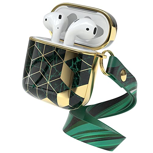 EAZY CASE - Schutzhülle für AirPods 1 & 2 Hülle Grün Hard Case Stoßfest mit Karabiner geeignet als Schlüsselanhänger Antikratz Etui rutschfest Hardcase für Airpod 2. / 1. Generation Gold Grün Marmor von EAZY CASE