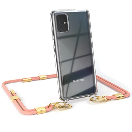 EAZY CASE - kombinierbare Handyketten kompatibel mit Samsung Galaxy A51, Transparente Silikon-Hülle mit stylischen rundem Umhängeband, abnehmbar durch Karabiner, Handykordel, Korall - Clips Gold von EAZY CASE
