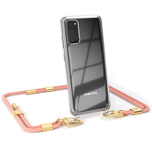 EAZY CASE - kombinierbare Handyketten kompatibel mit Samsung Galaxy S20 / S20 5G, Transparente Silikon-Hülle mit stylischen rundem Umhängeband, Abnehmbarer Karabiner, Handykordel, Korall - Clips Gold von EAZY CASE