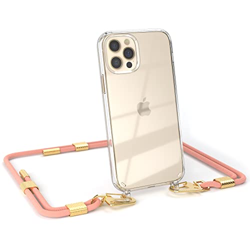EAZY CASE - kombinierbare Handyketten kompatibel mit iPhone 12/12 Pro, Transparente Silikon-Hülle mit stylischen rundem Umhängeband, abnehmbar durch Karabiner, Handykordel, Korall - Clips Gold von EAZY CASE