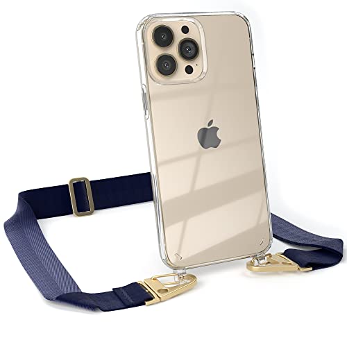 EAZY CASE - Hülle mit Band kompatibel mit iPhone 13 Pro Max Handyhülle mit Umhängeband für iPhone 13 Pro Max Silikonhülle Transparent Schutzhülle Handykette zum Umhängen Handykordel in Blau Gold von EAZY CASE