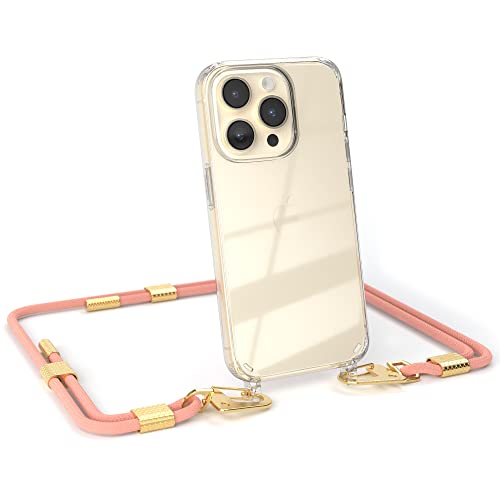 EAZY CASE - kombinierbare Handyketten kompatibel mit iPhone 14 Pro, Transparente Silikon-Hülle mit stylischen Umhängeband, Abnehmbarer Karabiner, Hülle mit Band, Handykordel, Korall - Clips Gold von EAZY CASE