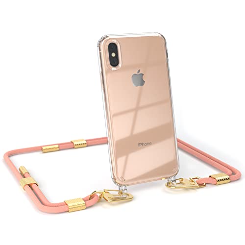 EAZY CASE - kombinierbare Handyketten kompatibel mit iPhone X/XS, Transparente Silikon-Hülle mit stylischen Umhängeband, Abnehmbarer Karabiner, Hülle mit Band, Handykordel, Korall - Clips Gold von EAZY CASE