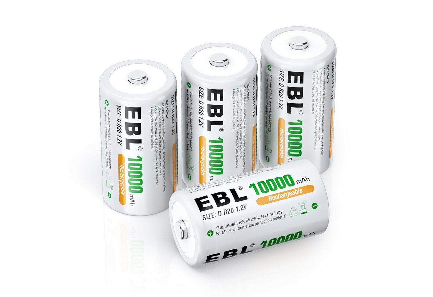 EBL Power vorgeladener D Mono NiMH Akku, 10000mAh Wiederaufladbare Batterie, (4 St) von EBL