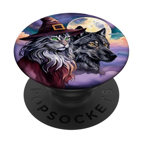 Katze als Hexe mit einem Wolf - Halloween Fan Fun 2 PopSockets mit austauschbarem PopGrip von EDDArt