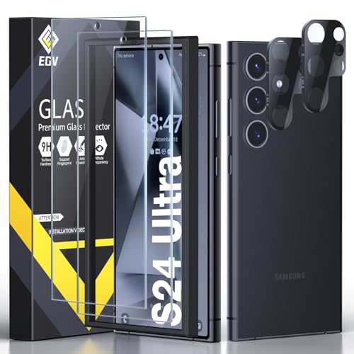 EGV 4 Stück Schutzfolie für Samsung Galaxy S24 Ultra Panzer Schutz Glas, 2 Stück Schutzfolie und 2 Stück Kameraschutz, 9H Härte Schutzglas Panzerfolie Displayschutz, HD-Klar Folie von EGV