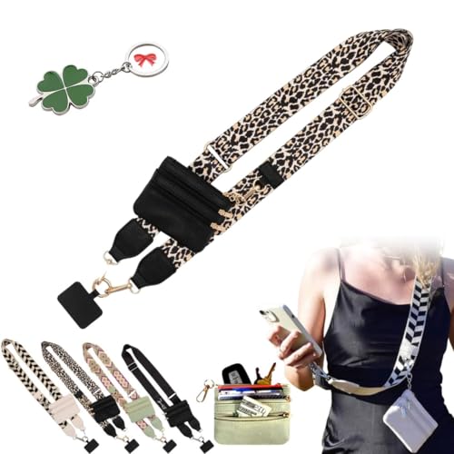 EHOTER Handygurt mit Reißverschluss, mit Clip und Go-Gurt für Handy mit Geldbörse, Crossbody, verstellbares Handy-Schlüsselband für Frauen, Geschenk mit Glücksklee-Schlüsselanhänger (Leopard) von EHOTER