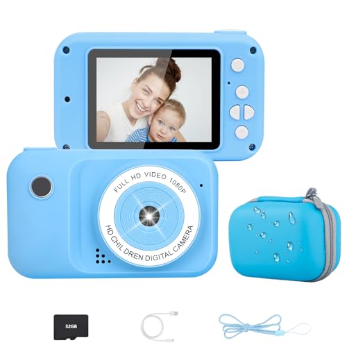 Kinder Kamera inkl.Tragetasche 2,4" Bildschir 1080P HD Kinderkamera Selfie Digitalkamera 32G SD-Kart Geschenke für 3-12 Jahre Jungen und Mädchen für Geburtstagsgeschenk Weihnachten Spielzeug (Blau) von EIEVEY