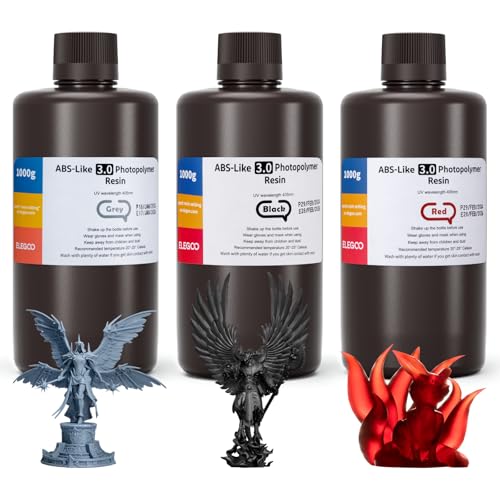 ELEGOO ABS-Like 3.0 3D Drucker Resin Grau+Schwarz+Klarrot 3pcs x 1000g, 405nm UV-Härtendes 3D Printer Harz mit Hoher Zugfestigkeit und Biegefestigkeit für MSLA/LCD/DLP 3D Drucker von ELEGOO