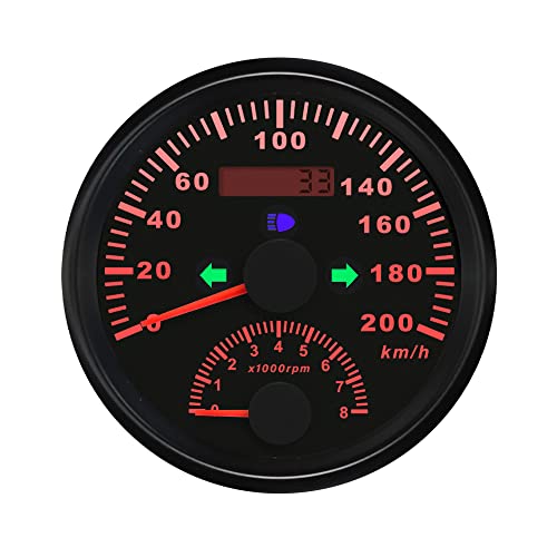 ELING Auto Marine 85 mm GPS-Tachometer 0–200 km/h mit Tachometer 0–8000 U/min, rote Hintergrundbeleuchtung, 12 V mit GPS-Antenne, wasserdicht (schwarz und nickel) von ELING
