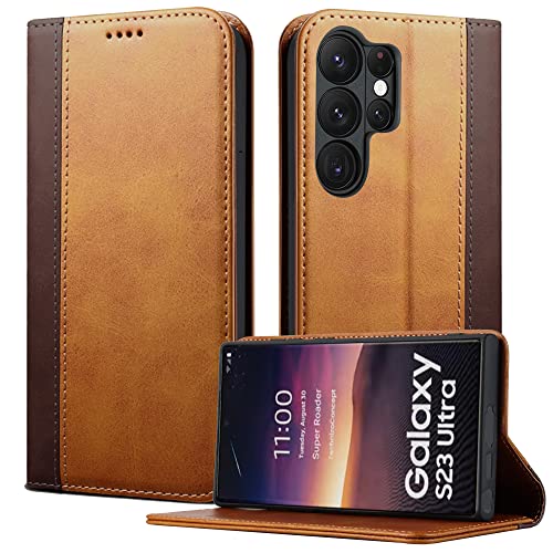 ELTEKER Hülle für Samsung Galaxy S23 Ultra, Handyhülle Samsung S23 Ultra Klapphülle, Schutzhülle Ledertasche Hülle mit Kartenfach für Samsung Galaxy S23 Ultra 5G, Hellbraun von ELTEKER