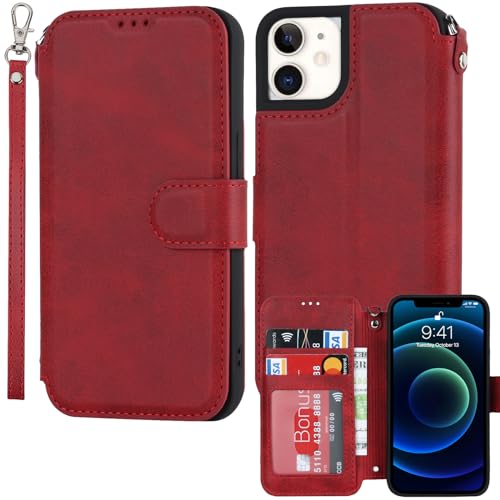 ELTEKER Hülle für iPhone 12/12 Pro Klapphülle,Handyhülle iPhone 12/12 Pro Lederhülle mit Kartenfach,Perfekt Schutz Case mit Ständer Handytasche Hülle für iPhone 12/12 Pro,Rot von ELTEKER