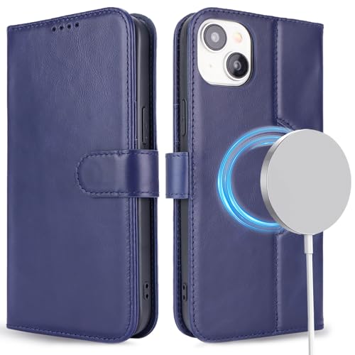 ELTEKER Hülle iPhone 15 Handyhülle [kabelloses Laden] [Echtes Leder] Klapphülle iPhone 15 mit Kartenfach,Flip Case Schutzhülle Leder Hülle für iPhone 15-Blau von ELTEKER