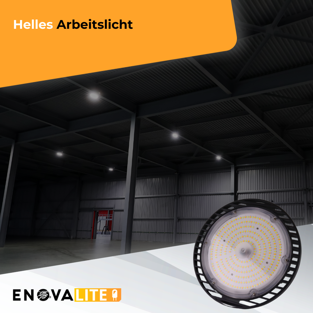 LED-HighBay, UFO, einstellbare Leistung und Lichtfarbe, 60/80/100W, 3000/4000/6500K, 9600-16000 lm, 160lm/W, IP65, LIFUD Netzteil von ENOVALITE