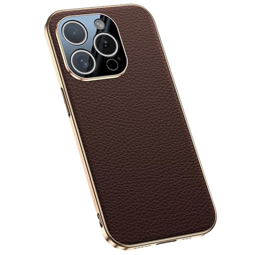 Schlanke Hülle Für iPhone 16 Pro Max/16 Pro/16 Plus/16, Kabelloses Laden, Echtes Leder, Litschi-Textur, Vollständig Umwickelte Linse, Telefonabdeckung(Brown,16 Pro Max) von ENTRYX