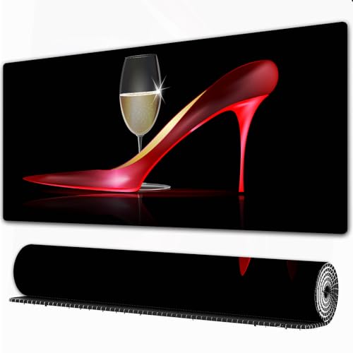 EOMKSE Mauspad Verlängertes großes Mauspad Schreibtischauflage,genähte Kanten Mauspad,Gummibasis,Rote High Heels. Roter Damenschuh mit einem Glas Goldwein,Gaming-Mauspad,40x75 cm von EOMKSE