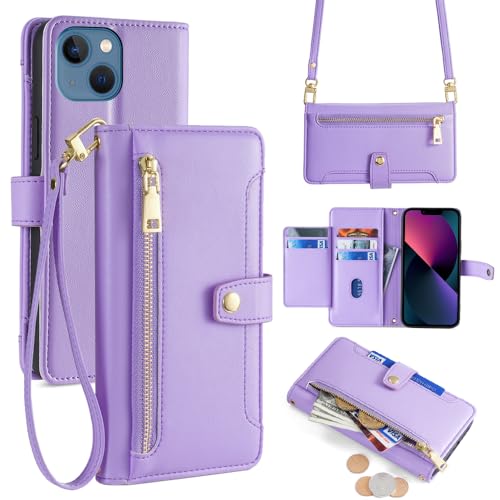 ERDARARIPRO Hülle für Honor Magic 5 Pro mit Trageband, Flip Wallet Handyhülle mit Ständer und Magnetischem Reißverschluss [6 Kartenfächer+1 Bargeldfach] Folio aus Luxuriösem Veganem Leder Viola von ERDARARIPRO