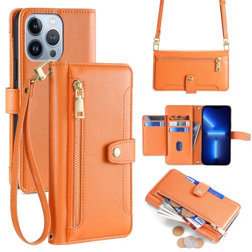 ERDARARIPRO Hülle für Honor Magic7 mit Trageband, Flip Wallet Handyhülle mit Magnetischem Reißverschluss [6 Kartenfächer+1 Bargeldfach] Folio aus Luxuriösem Veganem Leder Orange Farbe von ERDARARIPRO