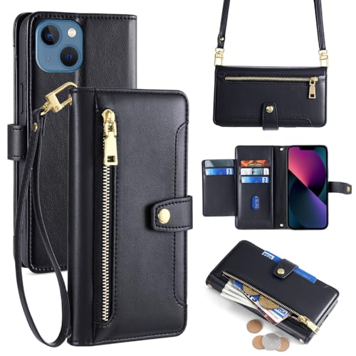 ERDARARIPRO Hülle für Huawei nova 13 Pro mit Trageband, Flip Wallet Handyhülle mit Ständer und Magnetischem Reißverschluss [6 Kartenfächer+1 Bargeldfach] Folio aus Luxuriösem Veganem Leder Schwarz von ERDARARIPRO