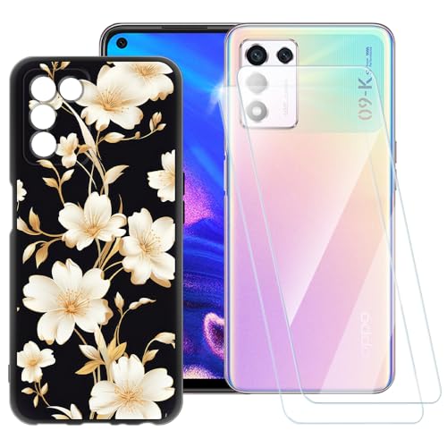 ESACMOT Goldene Blumen Muster Hülle Kompatibel mit Oppo Realme Q3S + [2 Pack] Displayschutzfolie aus gehärtetem Glas, stoßfeste Schutzhülle für Oppo K9S (6,5 Zoll) von ESACMOT