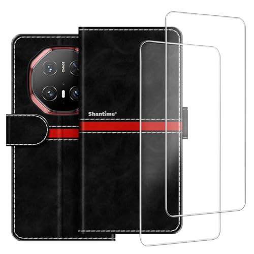 ESACMOT Handyhülle Kompatibel mit Huawei Mate 70 RS Ultimate + [2 Pack] Displayschutzfolie Glasfolie, Leder Magnet Schutzhülle Case Cover für Huawei Mate 70 RS Ultimate (6,9 Zoll) Schwarz von ESACMOT