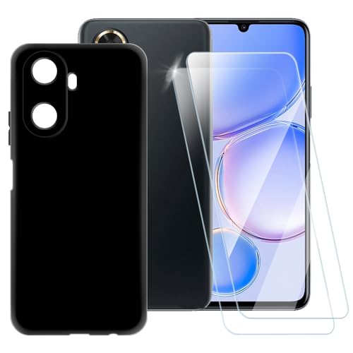 ESACMOT Pure Black Hülle Kompatibel mit Huawei Enjoy 60 4G + [2 Pack] Displayschutzfolie aus gehärtetem Glas, stoßfeste Schutzhülle für Huawei Enjoy 60 4G (6,7 Zoll) von ESACMOT