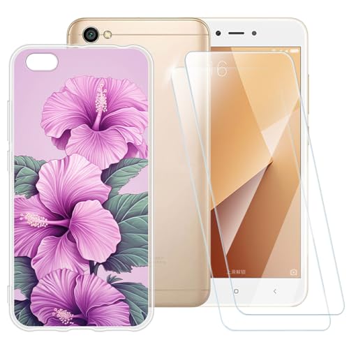 ESACMOT Rosa Blumen Muster Hülle Kompatibel mit Xiaomi Redmi Note 5A Smartphones + [2 Pack] Displayschutzfolie aus gehärtetem Glas, stoßfeste Schutzhülle für Xiaomi Redmi Y1 Lite (5,5 Zoll) von ESACMOT