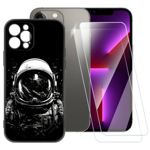 ESACMOT Schutzhülle mit Astronautenmuster, kompatibel mit iPhone 13 Pro 6.1 + [2 Stück] Displayschutzfolie aus gehärtetem Glas, stoßfeste Schutzhülle für iPhone 13 Pro 6,1 (6,1 Zoll) von ESACMOT