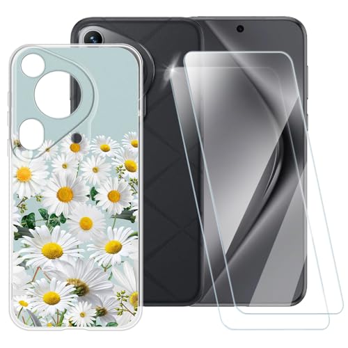 ESACMOT Schutzhülle mit Gänseblümchen-Motiv, kompatibel mit Huawei Pura 70 Ultra 5G + [2 Pack] Displayschutzfolie aus gehärtetem Glas, stoßfeste Schutzhülle für Huawei Pura 70 Ultra 5G (6,8 Zoll) von ESACMOT