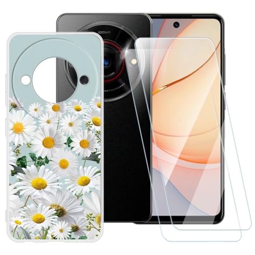 ESACMOT Schutzhülle mit Gänseblümchen-Motiv, kompatibel mit ZTE Xiaoxian 60 5G 7551N + [2er-Pack] Displayschutzfolie aus gehärtetem Glas, stoßfeste Schutzhülle für ZTE Xiaoxian 60 5G 7551N (6,6 Zoll) von ESACMOT